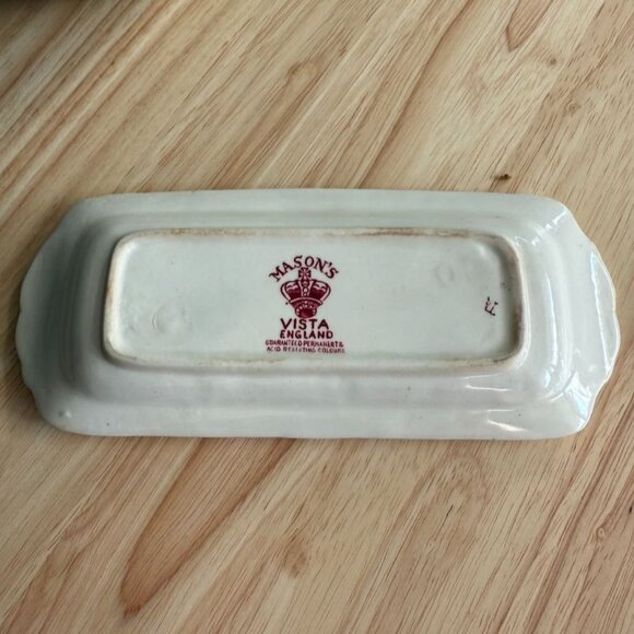Vintage Masons Vista Red Pink Ironstone Covered Butter Dish England Landscape - Picture 7 of 12